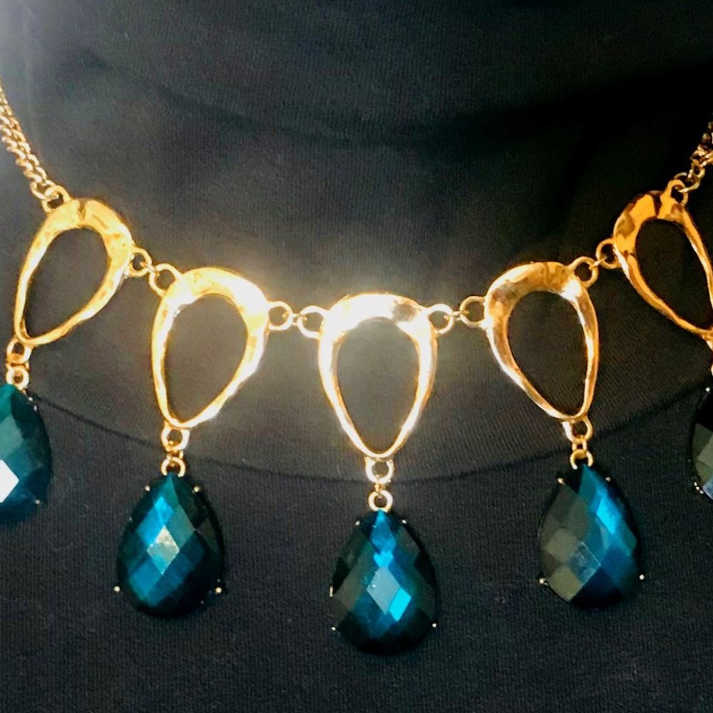 Blue Gem Gold Statement Necklace 20"